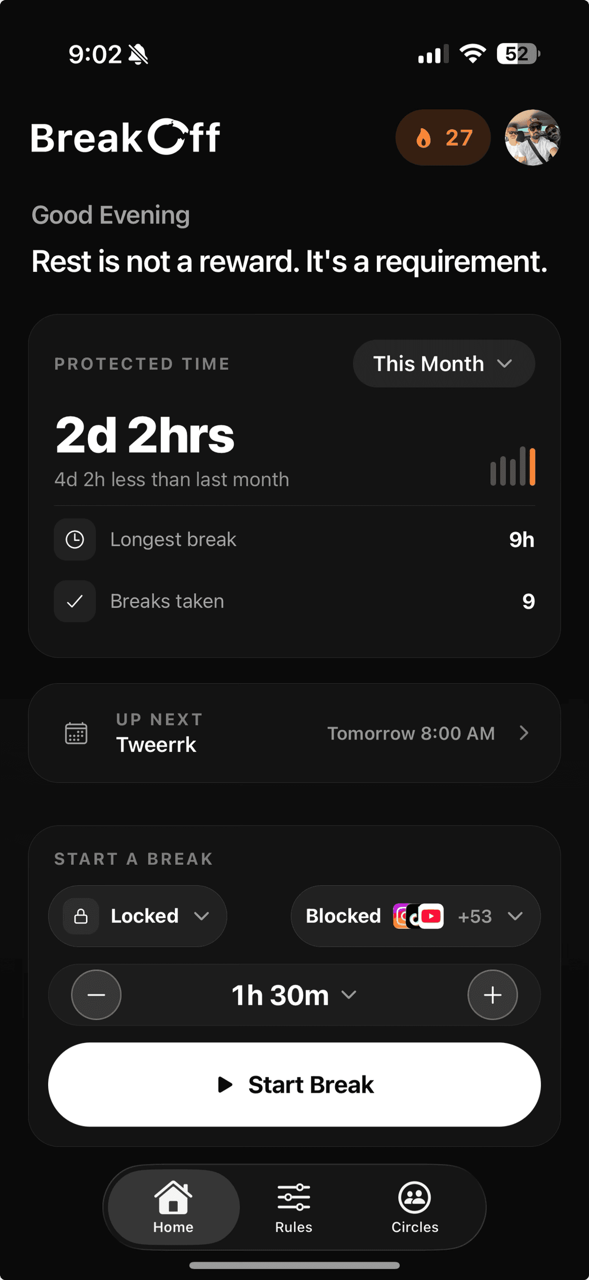 BreakOff app home screen