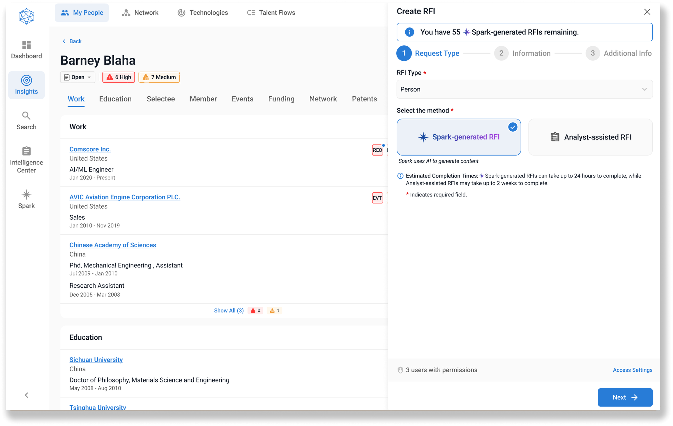 Create RFI form with options for Spark and analyst submissions