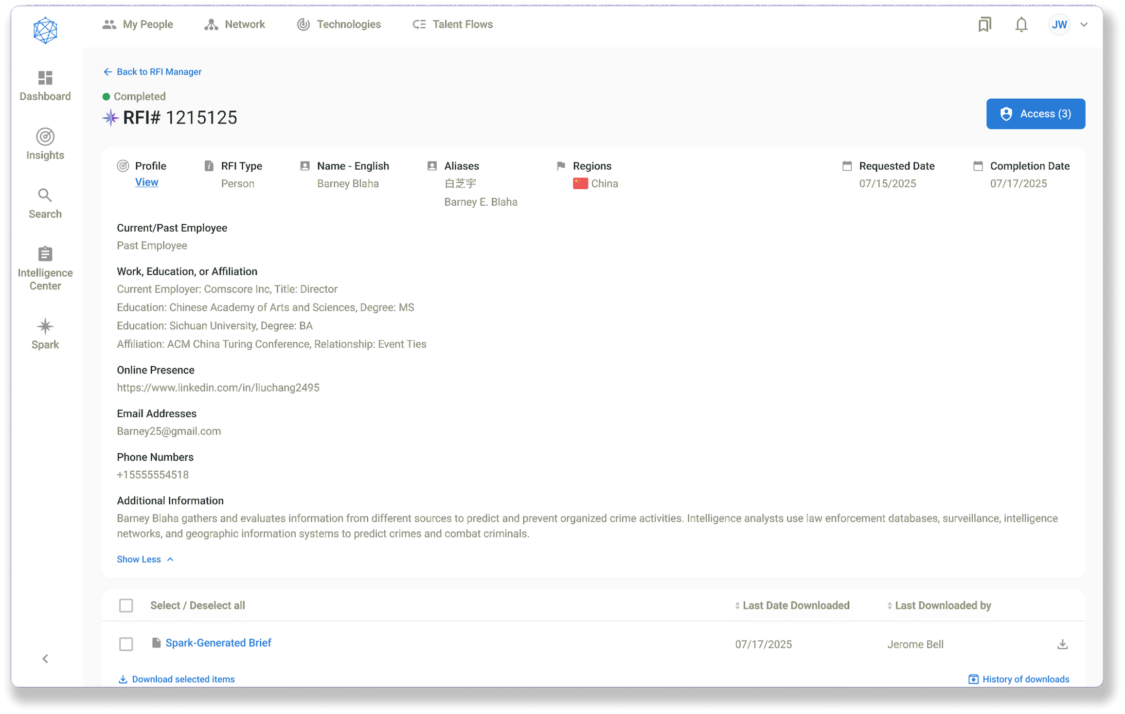 RFI profile page